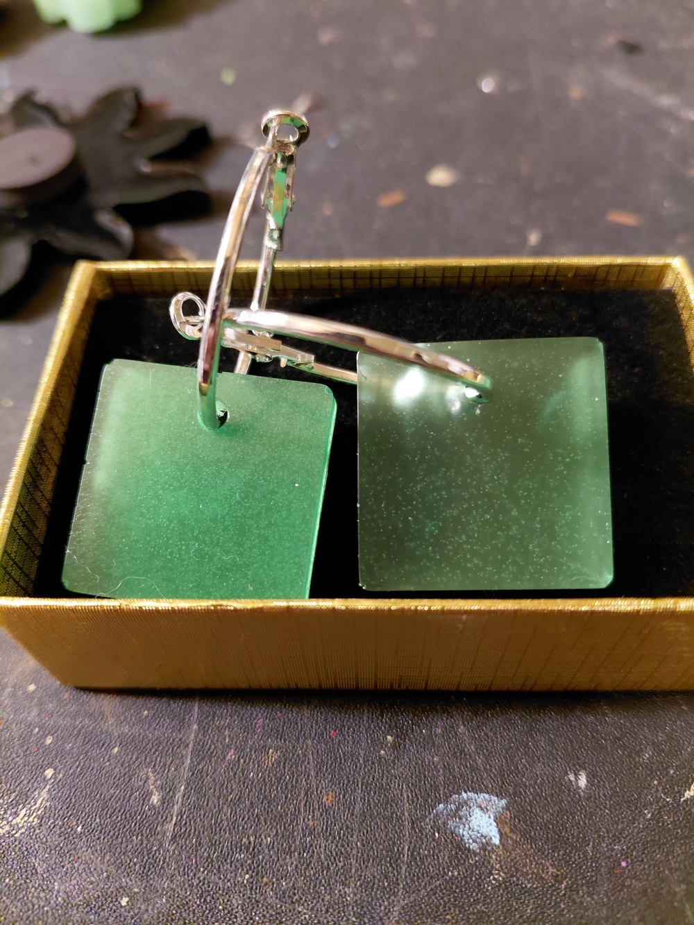 Green Square Drop Hoop Earrings - Silver Tone